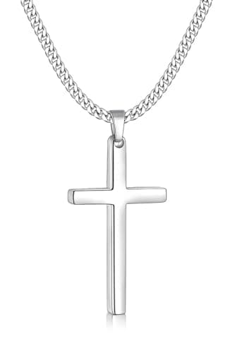 Fiusem Men's Silver Tone Cross Necklace, 3.5mm Chain, Stainless Steel Pendant, 16-24 Inches