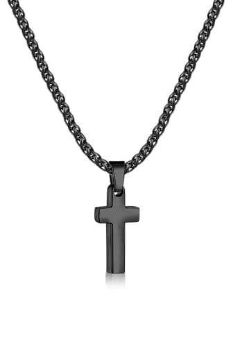 Men's Black Cross Necklace, 16-24 Inch Stainless Steel Chain