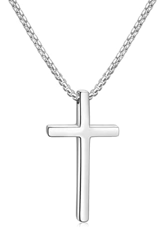 Fiusem Men's Silver/Gold/Black Cross Necklaces 2.5mm Chain, 16-24 Inch Box Chain