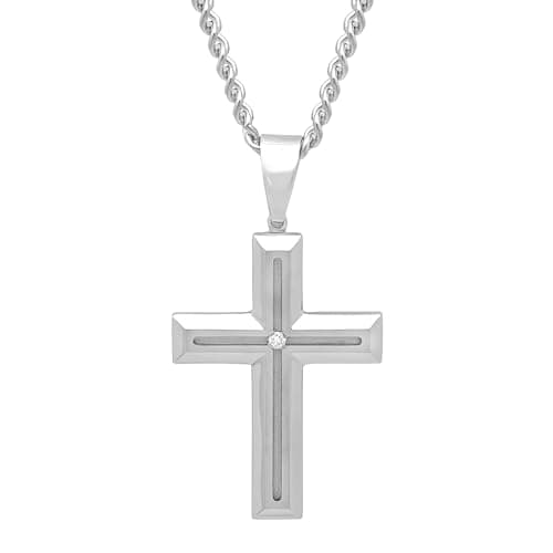 Steel Nation Jewelry Cross Diamond Necklace for Men, 24 Inch Chain