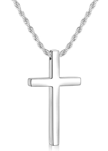 Fiusem Men's Stainless Steel Cross Necklace, 2.5mm Rope Chain, 16-28 inches