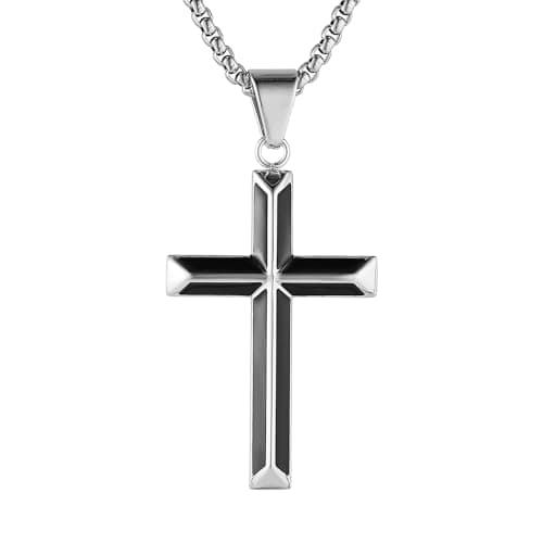 Stainless Steel Cross Necklace for Men - Christian Jewelry Gift - 24 Inch Chain