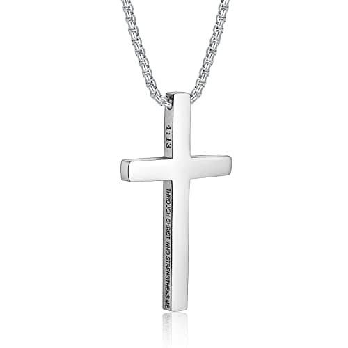 Men's Stainless Steel Cross Necklace with Bible Verse Pendant - Christian Jewelry Gift for Boys