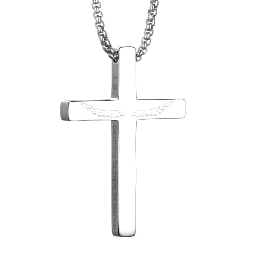 KouGeMou Cross Necklace with 22" Chain - Stainless Steel Religious Faith Jewelry