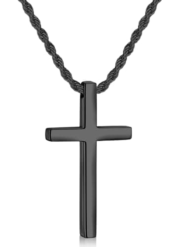 Fiusem Men's Stainless Steel Cross Necklace, 2.5mm Rope Chain, 16-28 inches