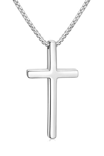 Fiusem Men's Silver/Gold/Black Cross Necklaces 2.5mm Chain, 16-24 Inch Box Chain