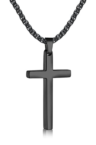 Men's Black Cross Necklace, 16-24 Inch Stainless Steel Chain