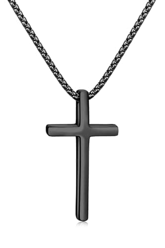 Fiusem Men's Silver/Gold/Black Cross Necklaces 2.5mm Chain, 16-24 Inch Box Chain