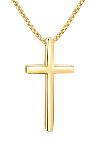 Fiusem Men's Silver/Gold/Black Cross Necklaces 2.5mm Chain, 16-24 Inch Box Chain