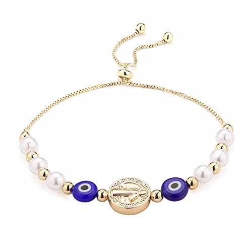 HZMAN Evil Eye Bracelet for Women Girls 14K Gold Plated Saint Benedict Medal Retro Blue Eye Bead Protection Stretch Bracelet