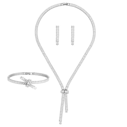 Crystal Jewelry Set for Women: 18K White Plated Cubic Zirconia Tassel Earring Necklace Bracelet