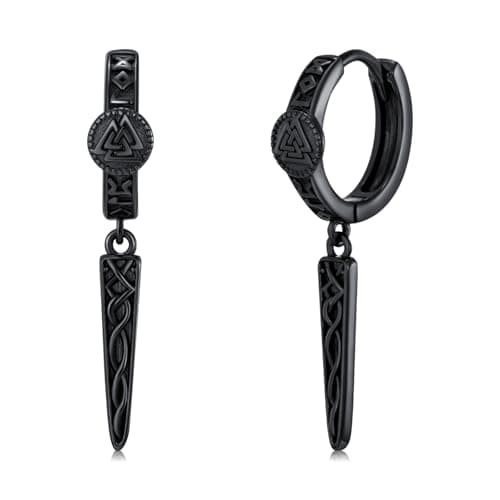 YYmqmq Gothic Punk Black Viking Runes Spike Earrings for Man 925 Silver