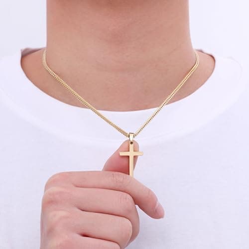 Fiusem Men's Gold Plated Cross Necklace, 3.5mm Chain & Stainless Steel Pendanteciunu