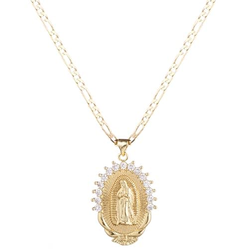 Kelistom 18K Gold Plated Virgin Mary Necklace, Oval Zircon Pendant & Figaro Chain