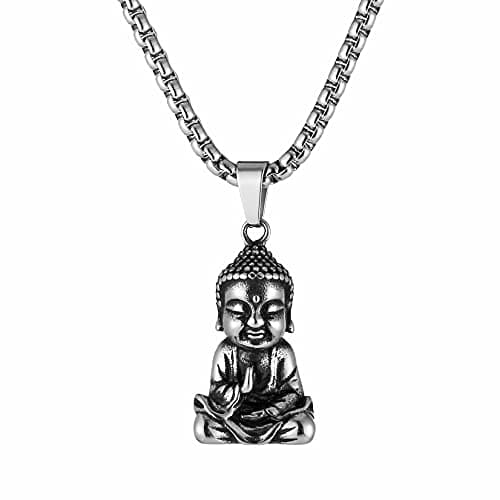 HZMAN Vintage Stainless Steel Tibetan Amitabha Buddha Pendant Necklace