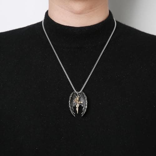 HZMAN Angel Wing Necklace, Stainless Steel Gothic Punk Cross Pendant Faith Amulet Jewelry Gift