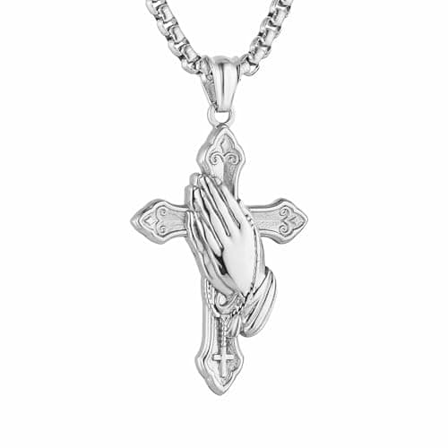 HZMAN Men's Stainless Steel Praying Hand Cross Pendant Christian Jewelry_gift