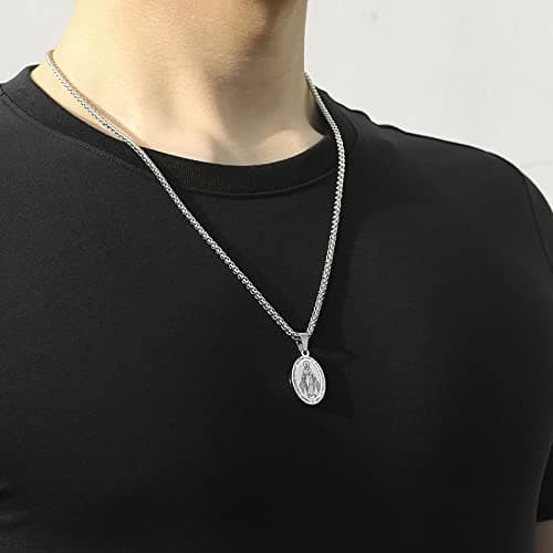 Apsvo Oval Catholic Saints Pendant Medallion, Stainless Steel Wheat Chain 24 Inches