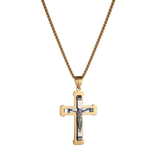 Men's Stainless Steel Jesus Pendant Necklace with Multicolor Cross