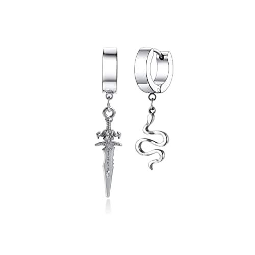 PJWONG Punk Hip Hop Silver Black Gold Tone Dangle Hoop Earrings for Women Men Teens