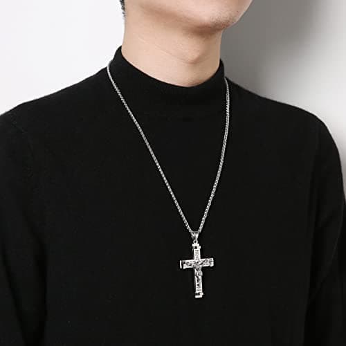Stainless Steel Cross Necklace with Lord's Prayer Pendant.