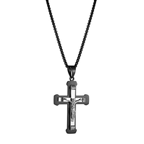 HZMAN Stainless Steel Cross Pendant Necklace for Men, Silver Gold Black Multicolor, 22 Inch Chain