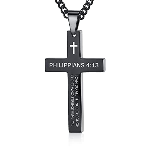 REVEMCN Men's Black Silver Stainless Steel Cross Necklace Faith Jewelry