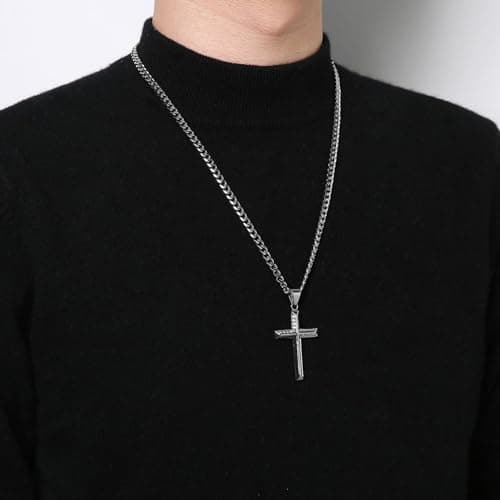 HZMAN Men's Stainless Steel Cross Pendant Necklace with Cubic Zirconia 5mm Cuban Chain 24 Inch