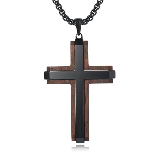 Ropartman Men's Real Ebony Cross Necklace Black Stainless Steel Pendant 24" Chain