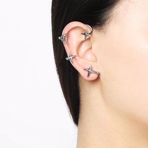 HZMAN Star Moon Ear Cuff Earrings for Women Stainless Steel Jewelry