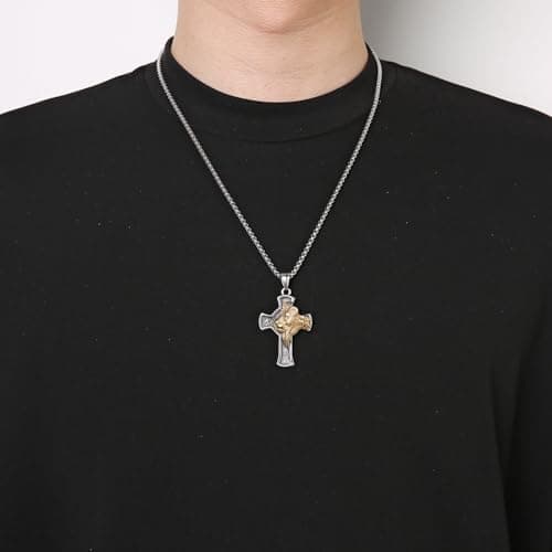 HZMAN Men's Gothic Lion Head Stainless Steel Cross Necklace with 24in Chain