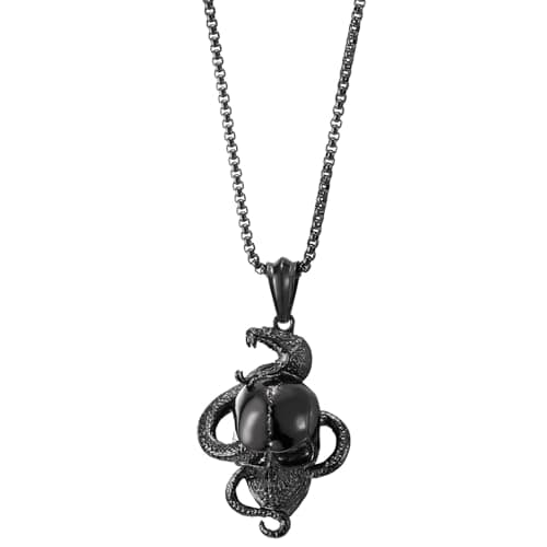 COOLSTEELANDBEYOND Men's Stainless Steel Snake Skull Pendant Necklace, Punk, 30 Inches Wheat Chain