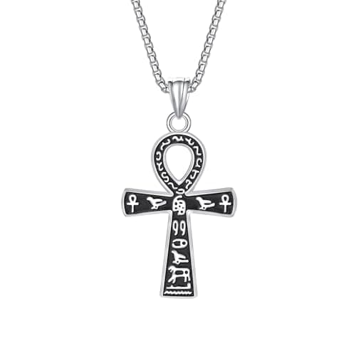 Ancient Egyptian Ankh Cross Pendant Necklace with Coptic Chain - 24 Inch Stainless Steel Chain