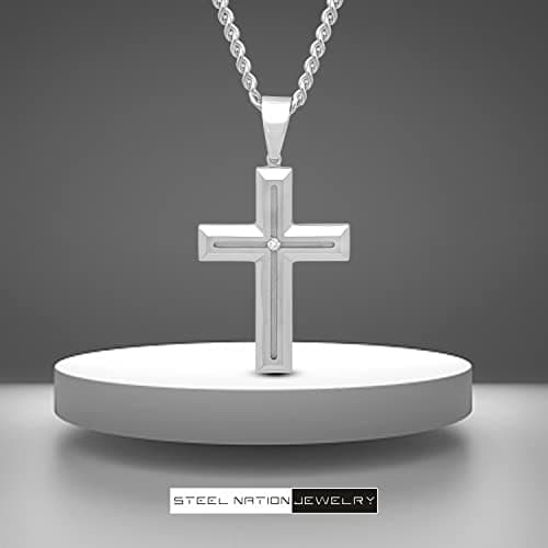 Steel Nation Jewelry Cross Diamond Necklace for Men, 24 Inch Chain