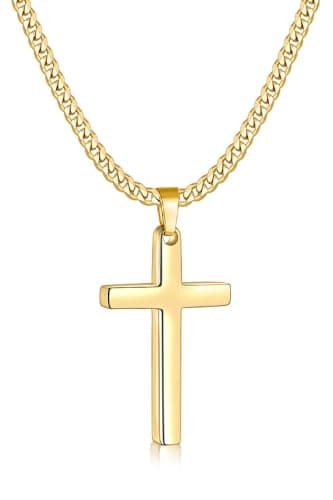 Fiusem Men's Gold Plated Cross Necklace, 3.5mm Chain & Stainless Steel Pendanteciunu