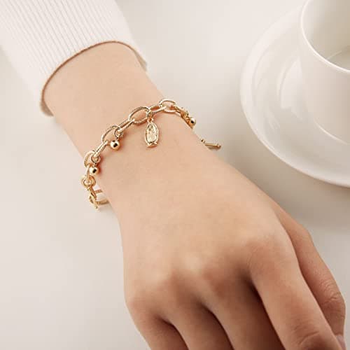 Dainty gold plated cable chain bracelet with rosary bead cross and Virgin Mary link - perfect gift for women and girls