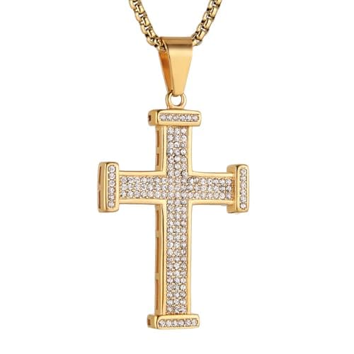 Iced Out Cross Pendant: 18k Gold Plated Stainless Steel Hip-Hop Necklace