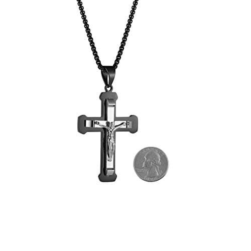 HZMAN Stainless Steel Cross Pendant Necklace for Men, Silver Gold Black Multicolor, 22 Inch Chain