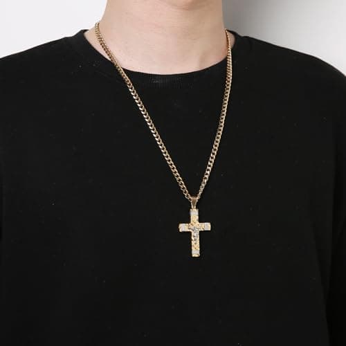 HZMAN Men's Stainless Steel Small Crucifix Necklace Christian Jewelry with 24Inch Cuban Chain