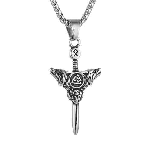 HZMAN Stainless Steel Retro Viking Wolf Sword Pendant Necklace Jewelry Gift