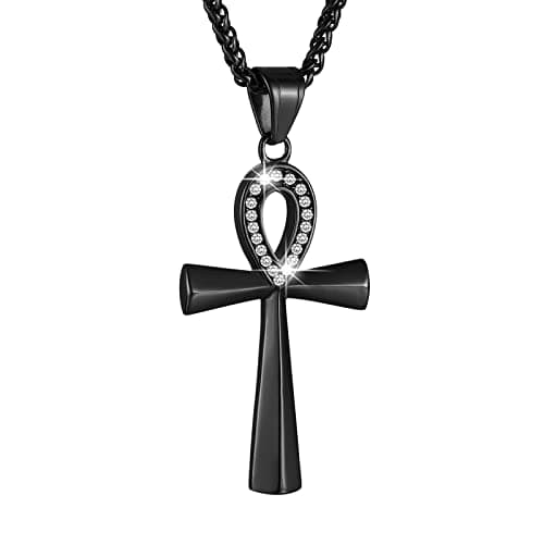 HZMAN Stainless Steel Coptic Ankh Cross Pendant Necklace, 22+2 Rope Chain