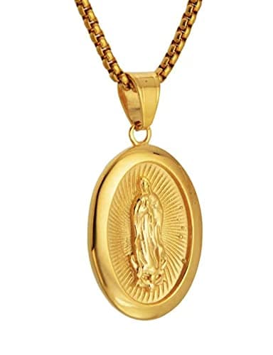 Gold Plated Virgin Mary Necklace 24in Chain for Men & Women