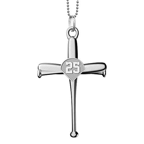 PicturesOnGold.com Stainless Steel Baseball Bat Cross Pendant with Number - 3/4" x 1 1/4"