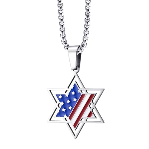 Stainless Steel Star of David & US Flag Necklace, 16-24" Chain