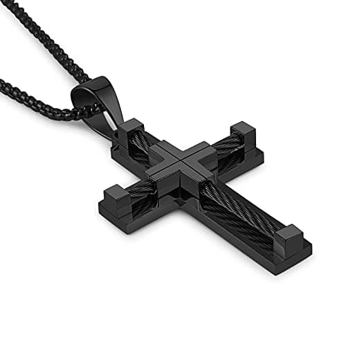 HZMAN Stainless Steel Men's Double Layer Cross Necklace with Cable Inlay 22+2 Inch Chain