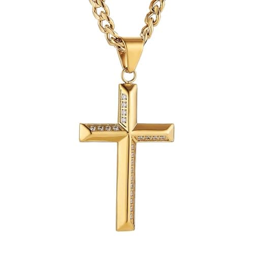 HZMAN Men's Stainless Steel Cross Pendant Necklace with Cubic Zirconia 5mm Cuban Chain 24 Inch