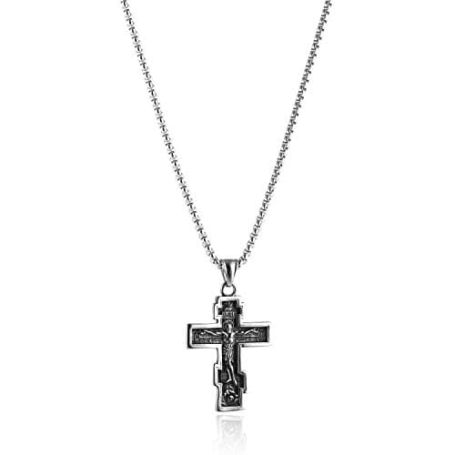 HZMAN Vintage Orthodox Cross Crucifix Necklace, Silver Gold Black, 22+2 Inches Chain