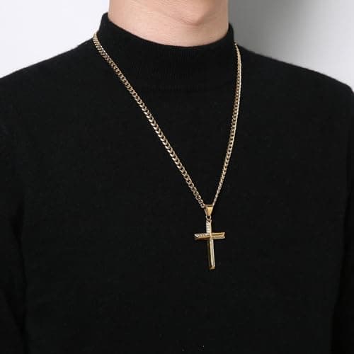 Stainless Steel Cross Necklace for Men with Cubic Zirconia Inlay and Cuban Chain