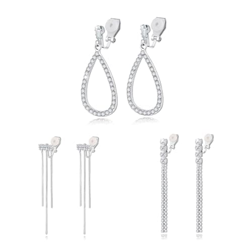 3 Pairs Clip-on Earrings for Women and Girls: Silver Tassel/Teardrop Crystal CZ Dangle Earrings