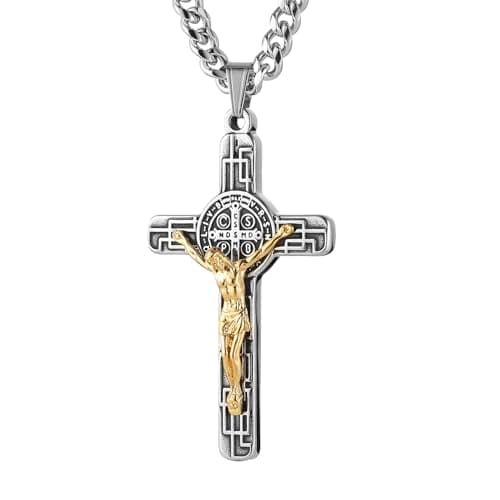 HZMAN Men's Stainless Steel Retro Saint Benedict Cross Pendant Necklace with Cuban Chain